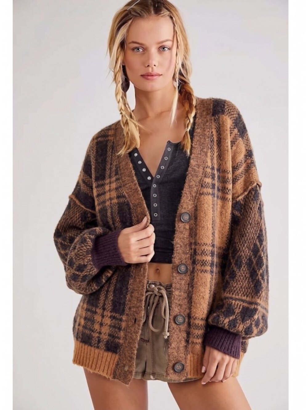 Free People Oversized Plaid Cardigan Sweater Large Cobain Grunge Dark Academia
